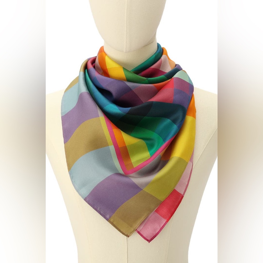 Kurt Geiger London Rainbow Check Square Silk Scarf NWT